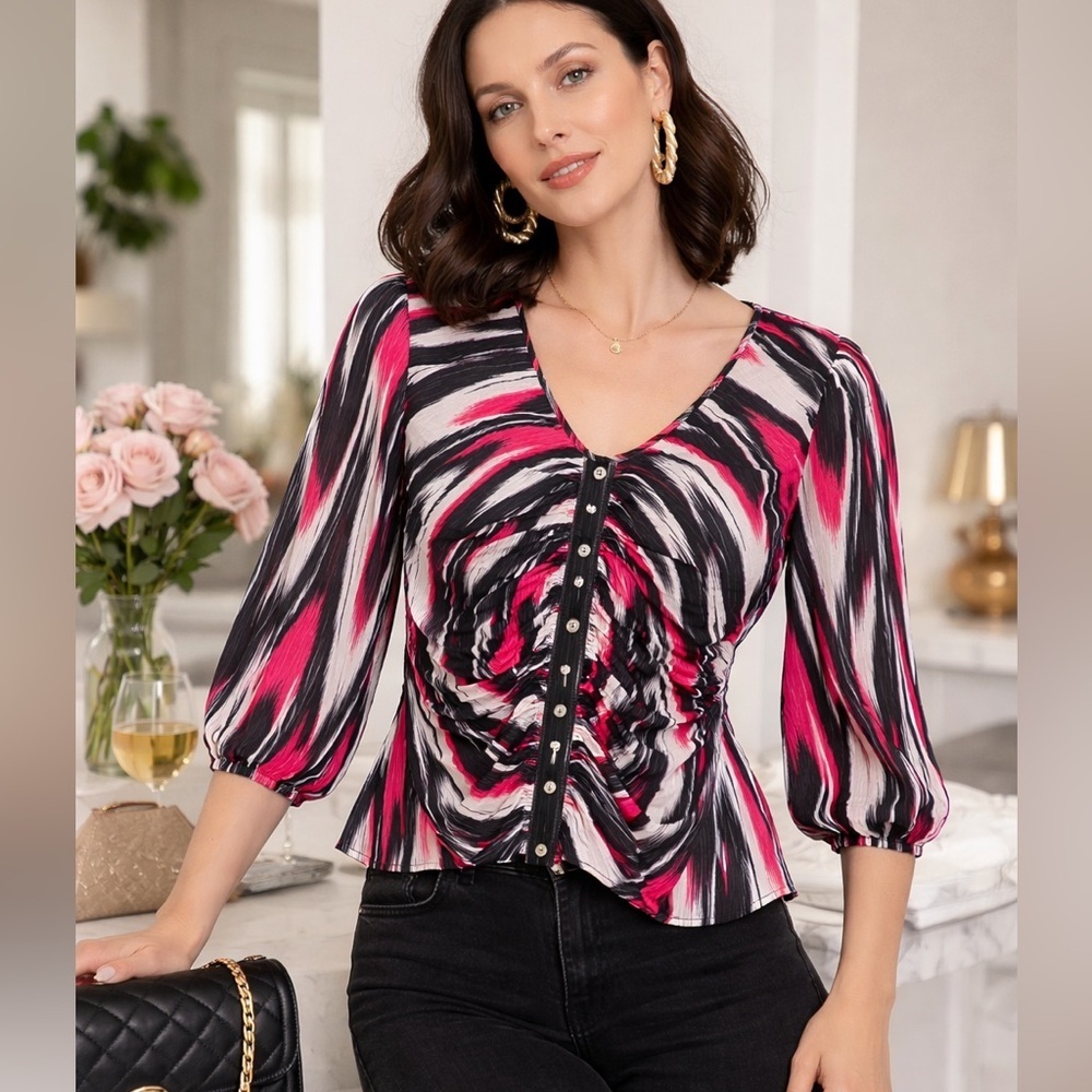 A Love Story Button Front Blouse Size XL NWT Pink Black Statement Top Office